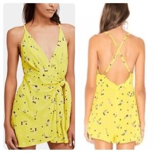 Free People Tango At Night Electric Yellow Floral Wrap Romper Sz 4 Lightweight
